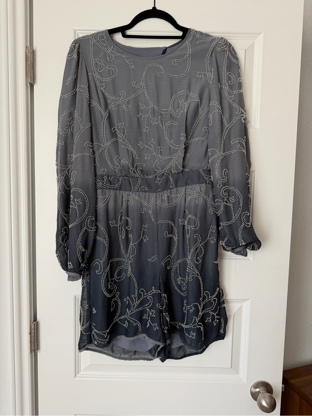 Embellished Blue/Gray Long-Sleeve Women's Romper